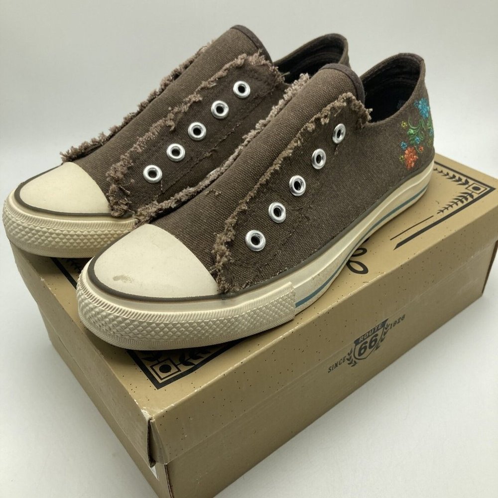 Route 66 Brown Canvas Slip On Sneakers Embroidered Flowers Womens 9.5